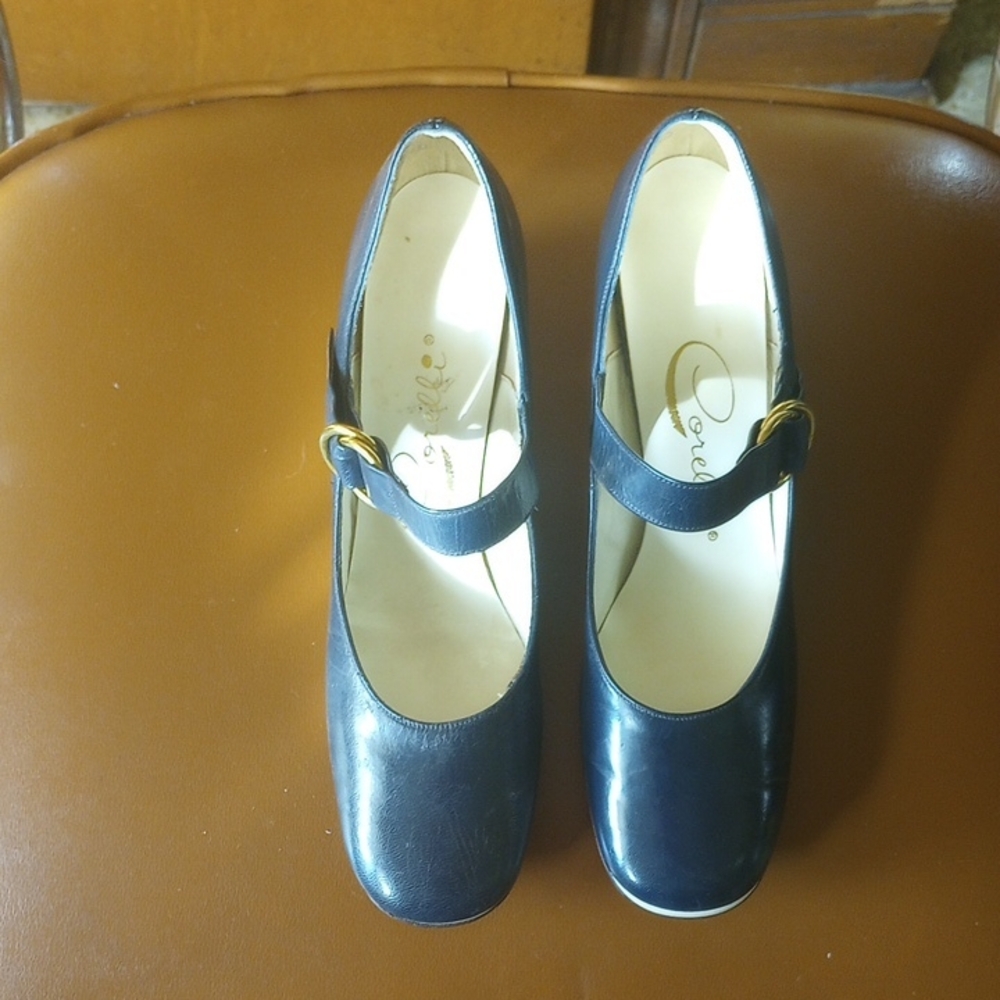 Corelli, Size 7AA, Navy Blue & Yellow Mary Jane Shoes w/ Wedge Heels & Buckles